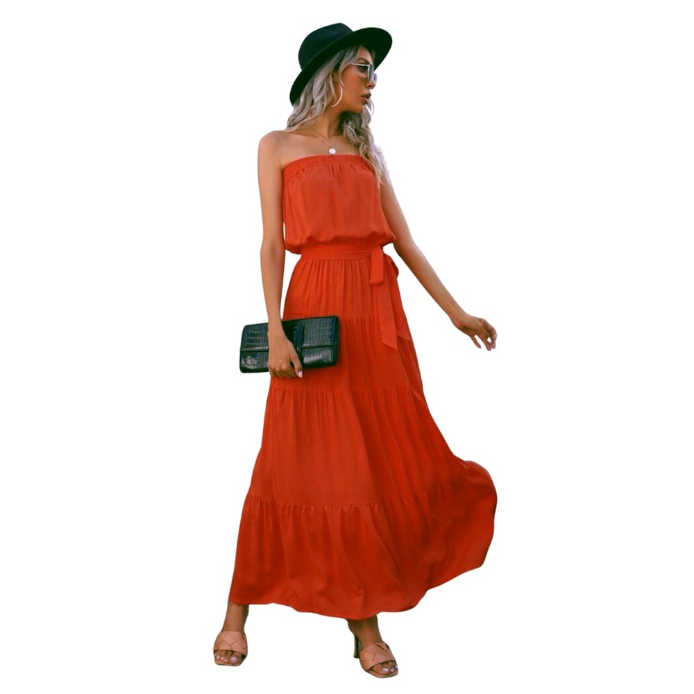 Orange Simple Flounce Hem Belted Tube Maxi Dress
